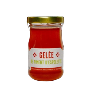 Pot de gelée de Piment d'Espelette translucide, condiment basque artisanal pour foie gras, fromages et viandes de La Carte aux Épices.