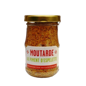 Pot de moutarde fine au Piment d'Espelette, condiment artisanal basque pour viandes, grillades et vinaigrettes de La Carte aux Épices.