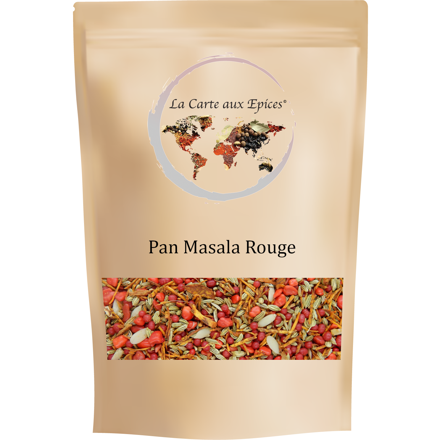 Sachet de Pan Masala Rouge La Carte aux Épices, mélange digestif indien avec graines de fenouil, sucre, noix d'arec et graines de melon.