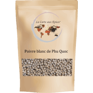 Sachet de Poivre Blanc de Phu Quoc (Vietnam) de La Carte aux Épices, grains de poivre blanc entiers d'exception pour viandes blanches et poissons.
